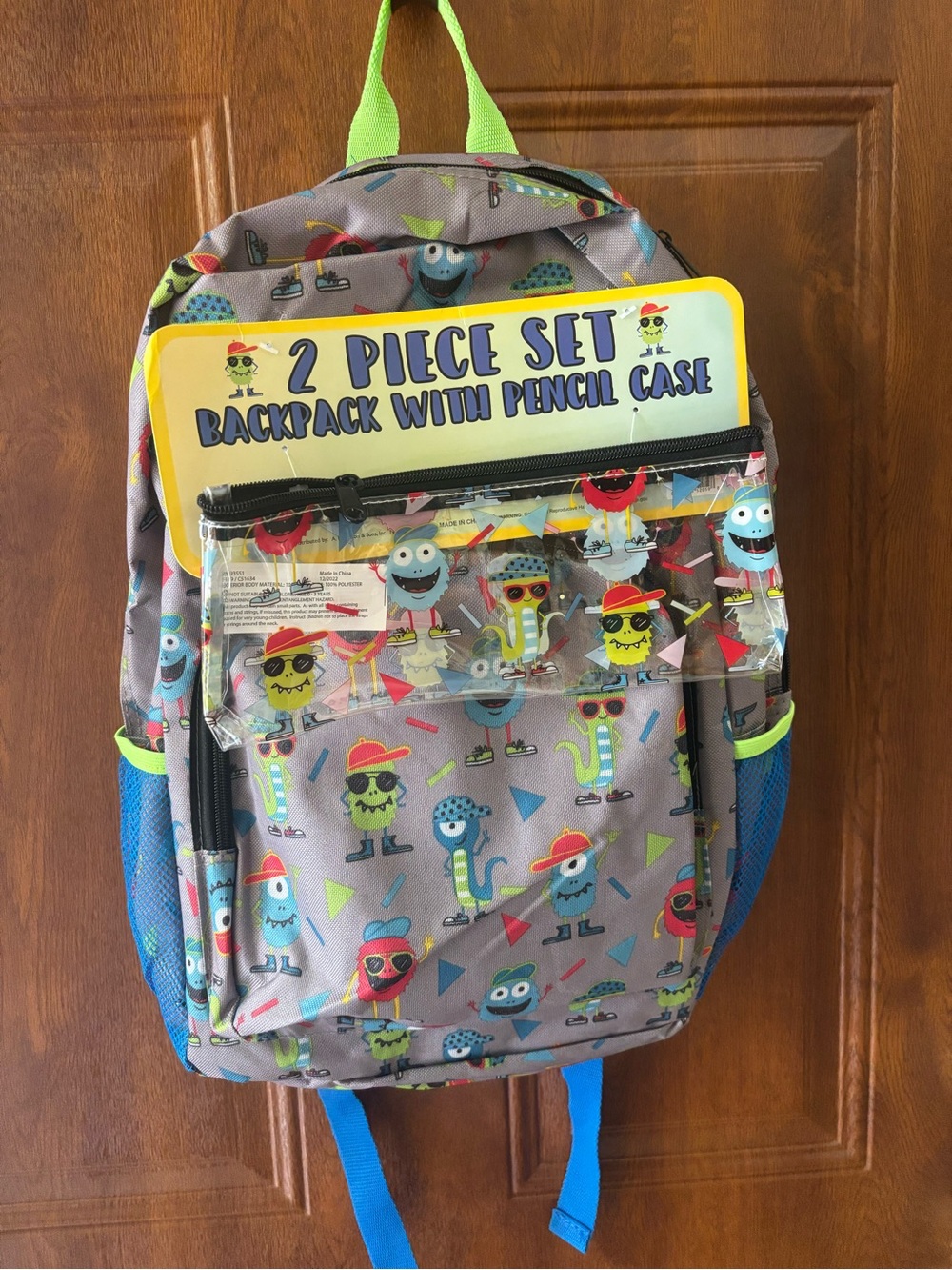 Kids Gray Backpack Set with Colorful Monster Print